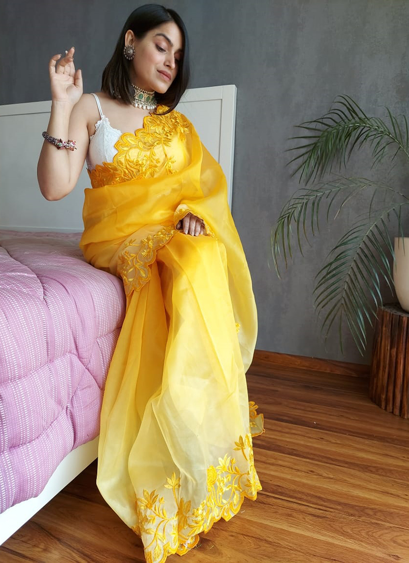 Buy Yellow Soft Organza Silk Embroidery Work Saree With Blouse