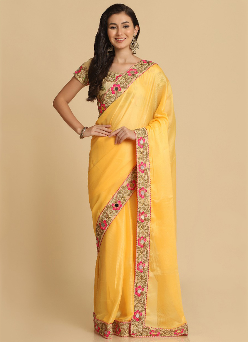 Shakunt Weaves Chiffon Yellow Mirror Work Saree With Blouse Piece