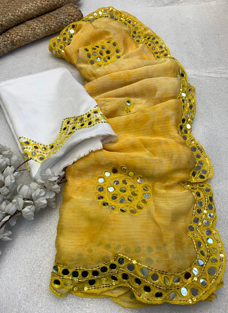 Yellow Mirror Work Saree – House Of Jamoti