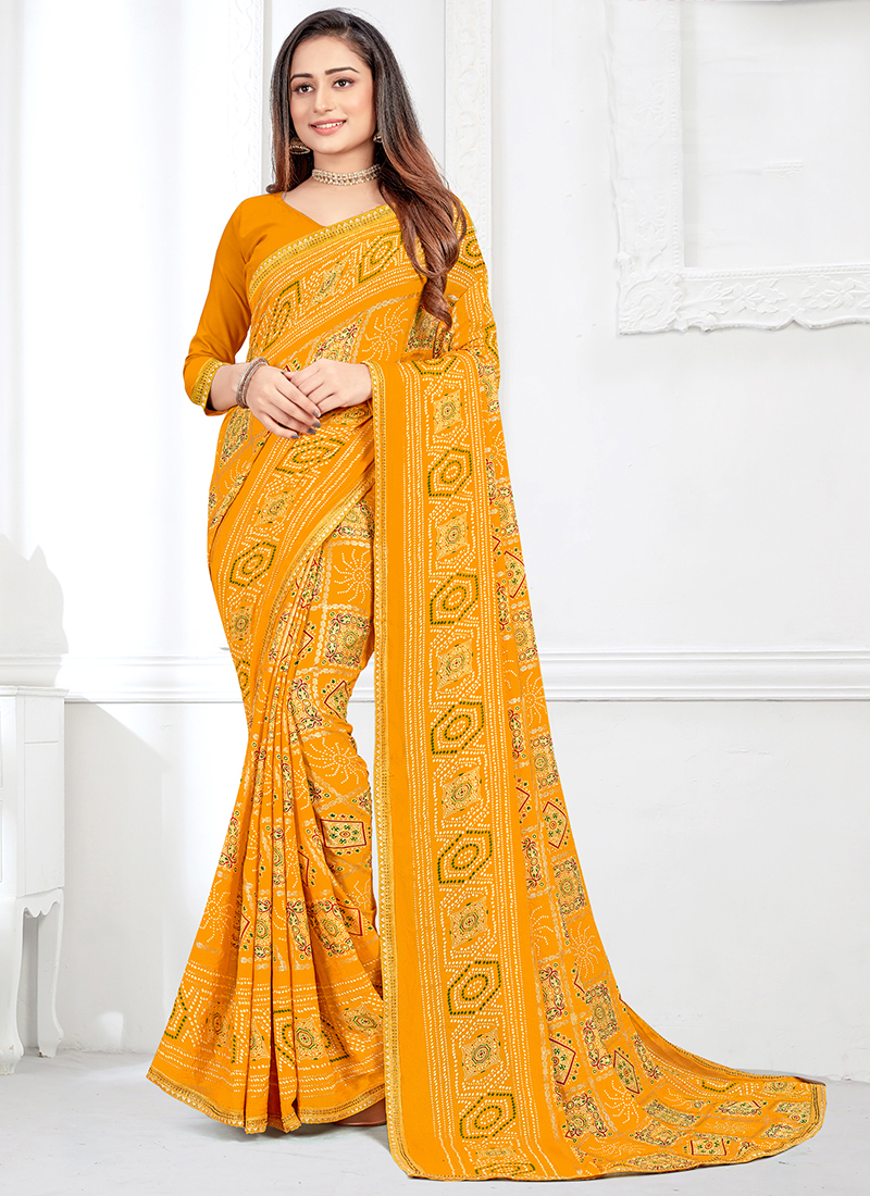 Buy Stylish Crepe Yellow Saree with Blouse piece For Women Online In India  At Discounted Prices