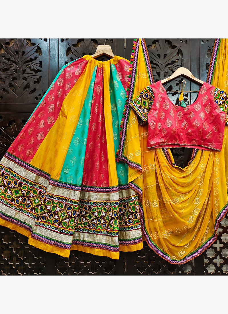 Buy Navratri Wear Yellow Mirror Work Cotton Ready To Wear Lehenga Choli  Online From Surat Wholesale Shop.