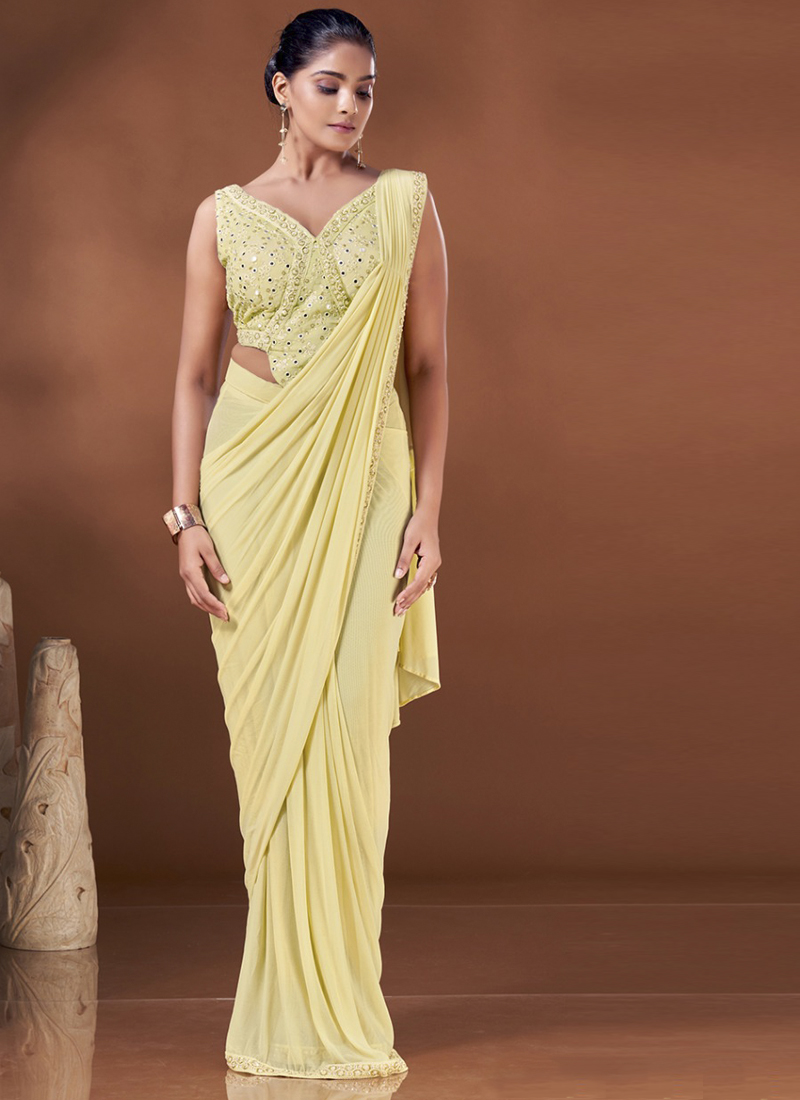 yellow sequins work net ready to wear saree 190012