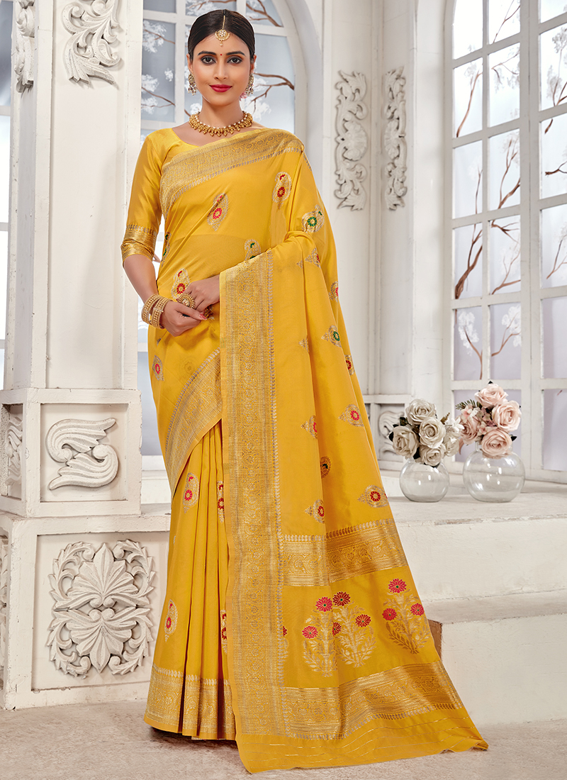 Yellow Color Premium Collection Soft Banarasi Silk Saree with Golden Z –  shalenafamily