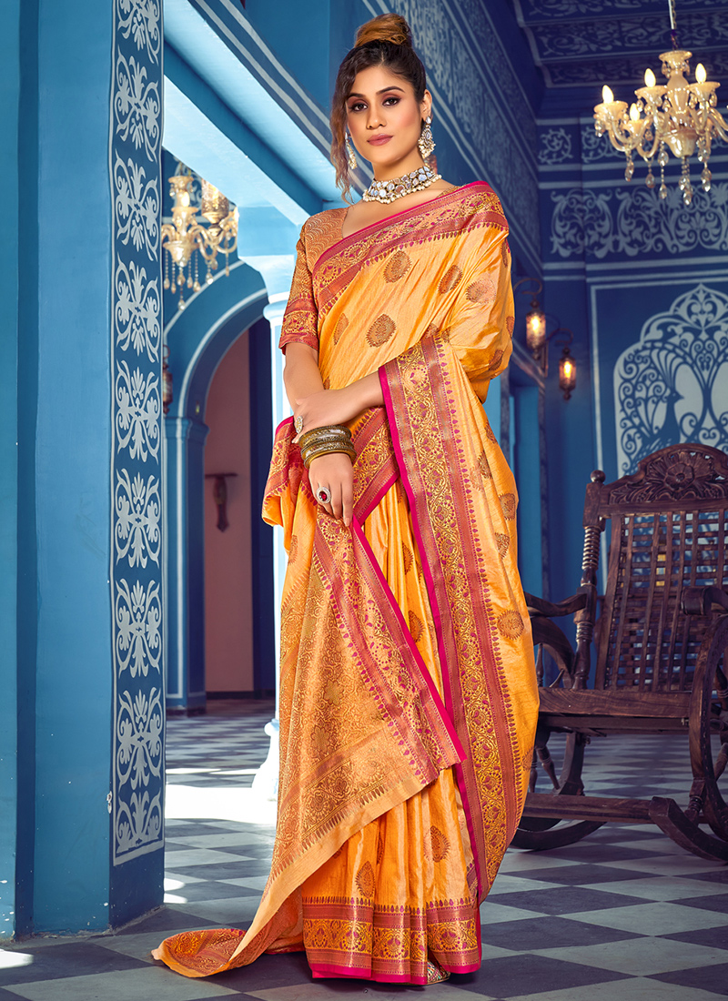 Red & Yellow Shaded saree in Banarasi fabric with Tie-Dye Bandhani and  Weaving all over saree | Kishori
