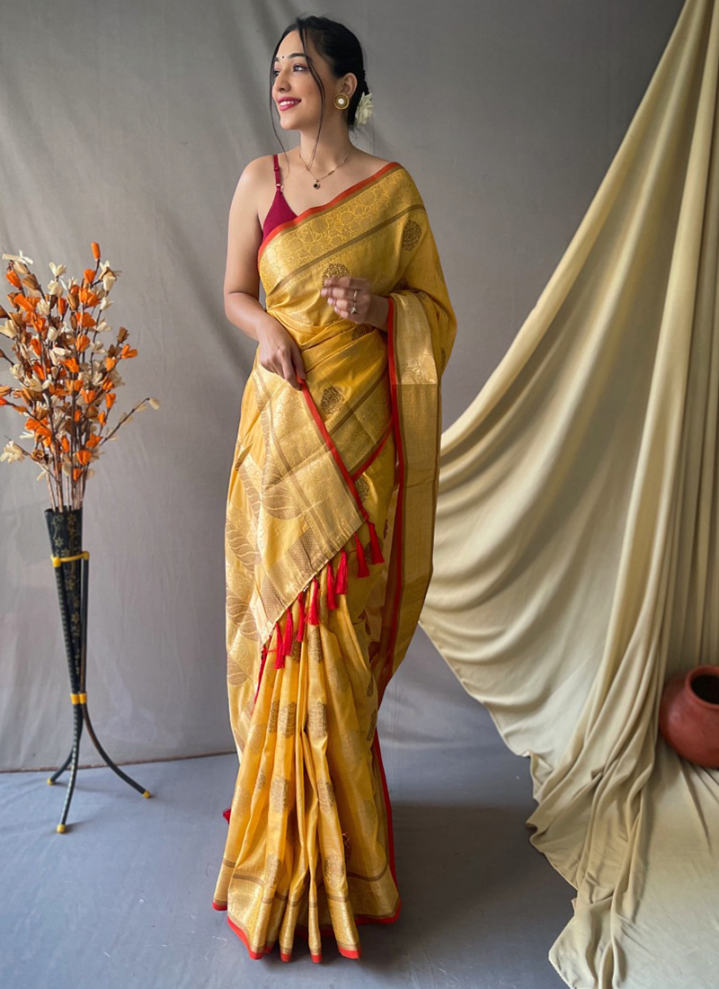 Buy Yellow Weaving Pure Cotton Saree Online