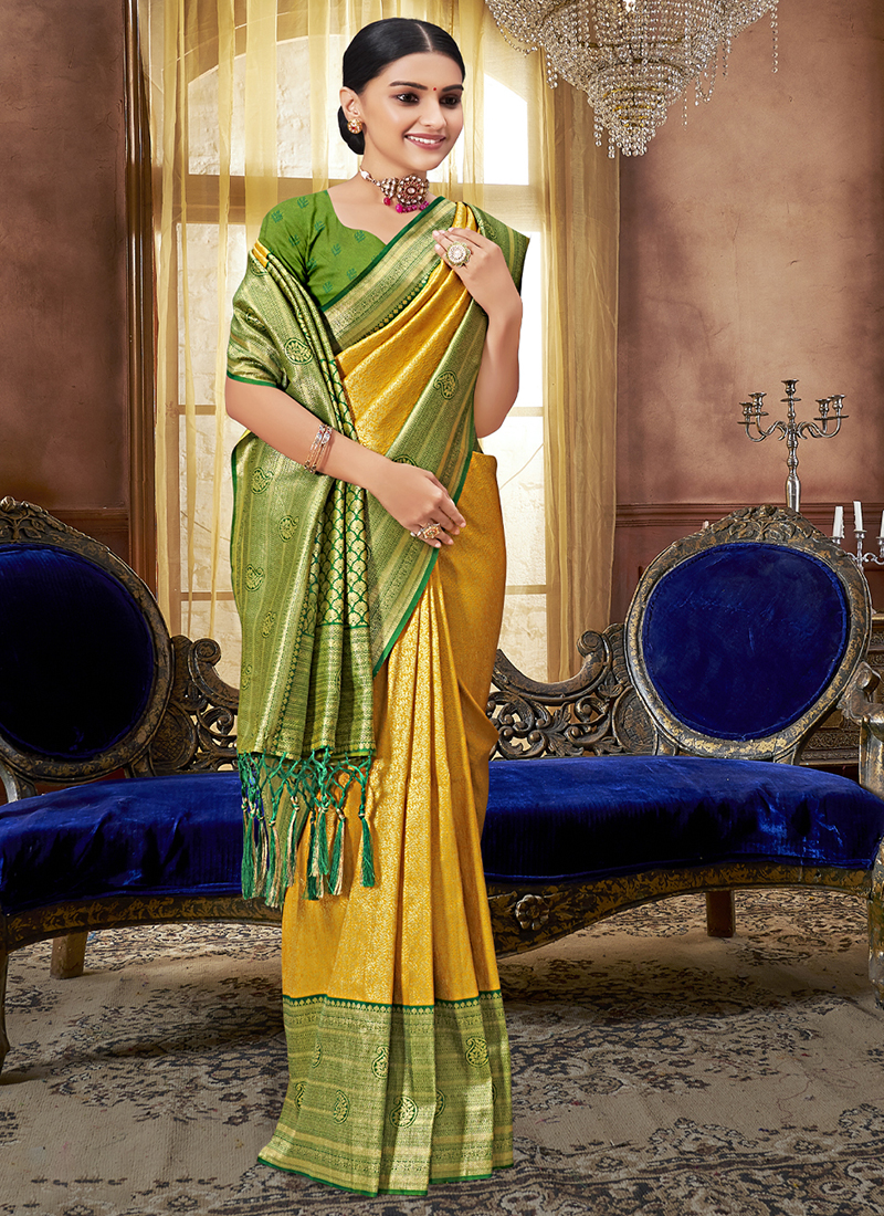 Yellow Color Pure Linen Weaving Work Party Wear Plus Size Saree