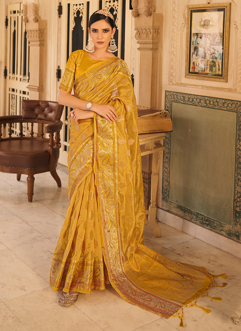 yellow zari weaving organza saree 179556